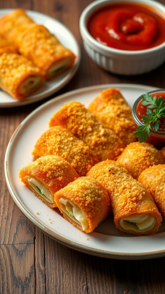 Crispy air fryer lasagna fritta filled with five cheeses, served with marinara sauce.